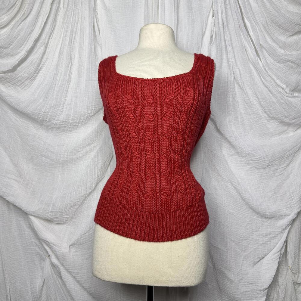 Vintage Preppy Indie Red Cable Knit Sleeveless Sweater Tank Top XL